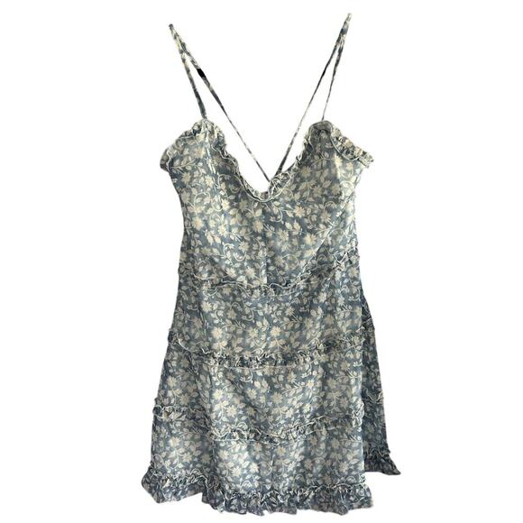 New Parsian Mini Dress Women’s Size 12 Blue White Floral Design Ruffles - Picture 4 of 9